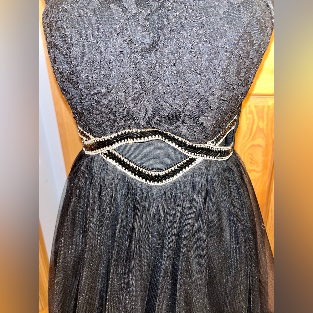 Sequin Hearts Black Lace Tulle Prom Dress Size 0 Embellished Cutout Evening Gown - Picture 6 of 17